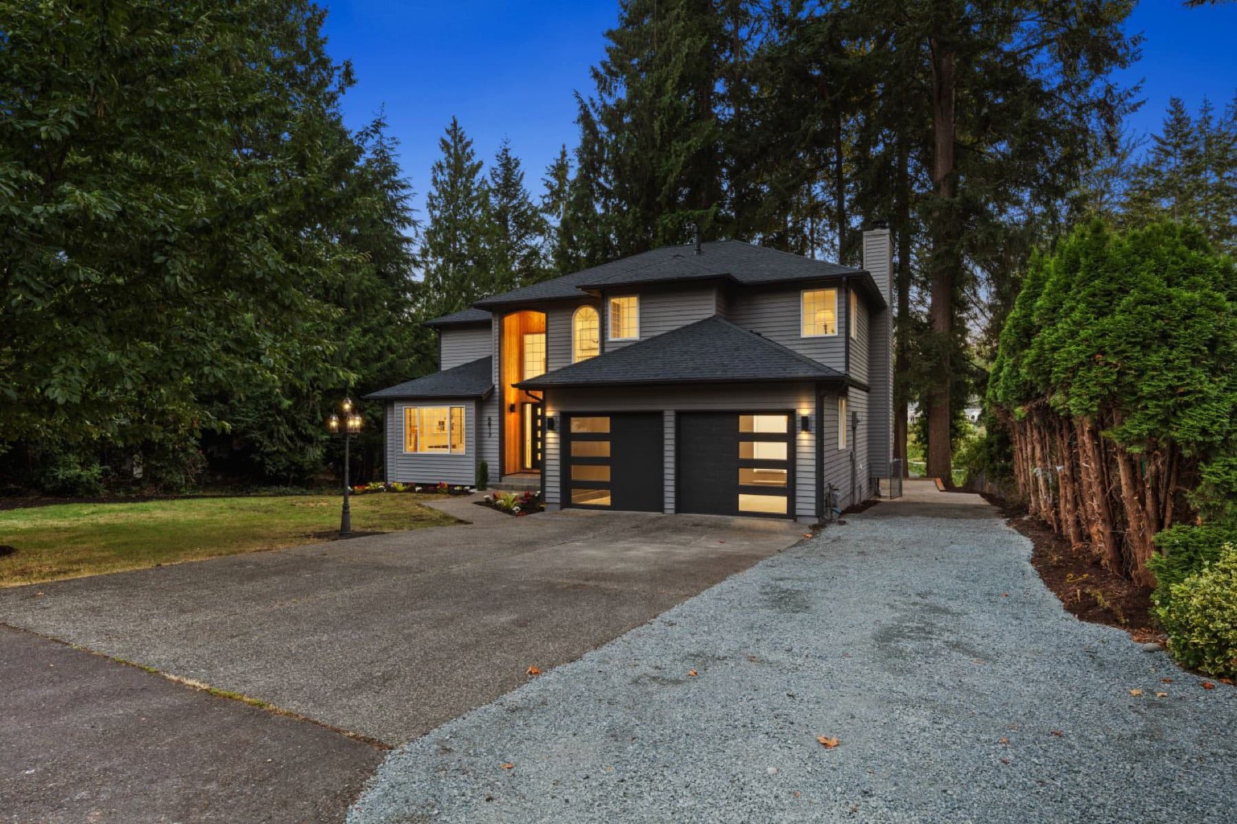 Completed whole-home remodel photographed at dusk